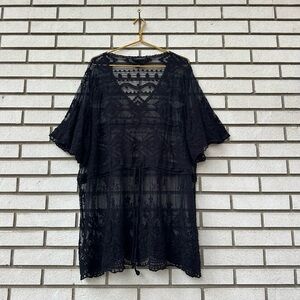 Lane Bryant Black Lace Sheer Kimono Cover Up 26/28 Goth Witchy Romantic Layer